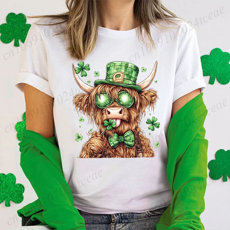 Highland Cow St. Patrick's Day T Shirt for Women Clothing Retro Coquette Lucky Party Graphic Y2k Tops Summer Short Sleeve Tees