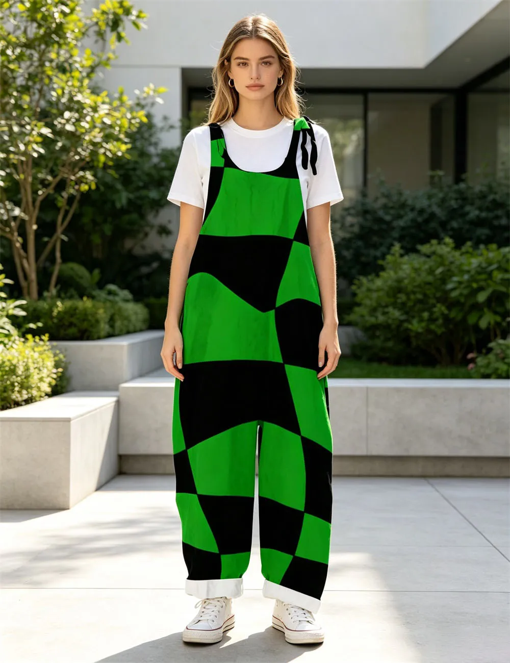 2026 Women's new cartoon style turtle back bamboo leaf print comfortable jumpsuit, off shoulder sleeveless loose jumpsuit