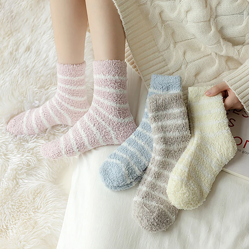 

New 1Pair Striped Socks Women Thick Coral Velvet Winter Warm Sock Soft Fluffy Home Indoor Floor Terry Towel Fuzzy Sock Lady