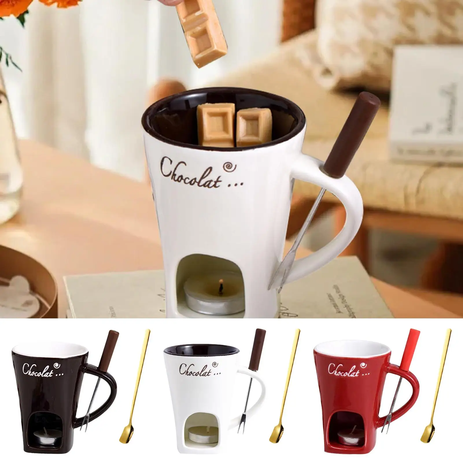Taza de Fondue de Chocolate de 130ml, taza de vela europea, Taza de cerámica para calentar alimentos, queso, taza de café creativa con tenedor, tazas para fundir