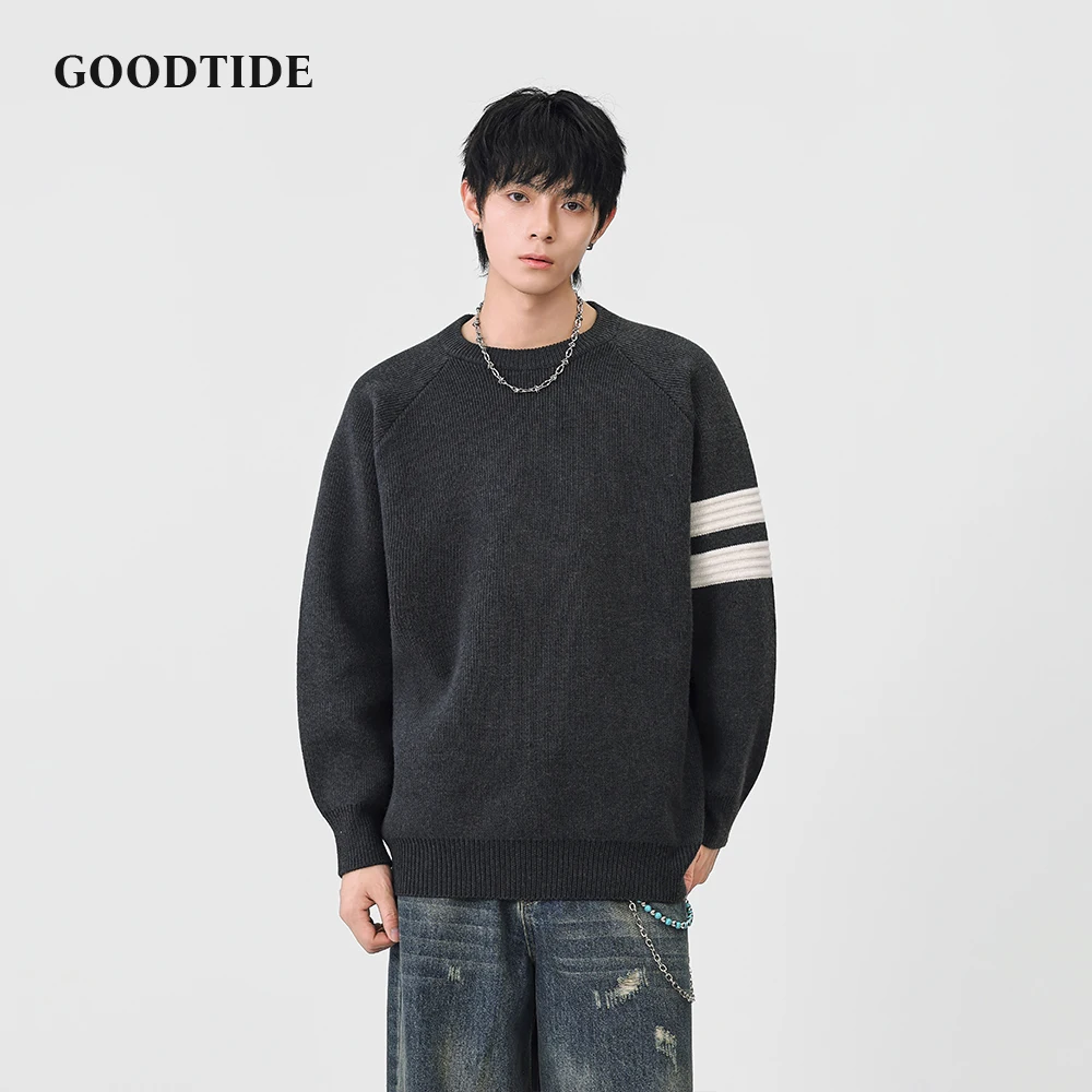 2025 Winter Fashion Men's Casual Crew Neck Sweater Stripe Sleeve Raglan Sleeve Knitted Pullover Soft Long Sleeve Jumper Top