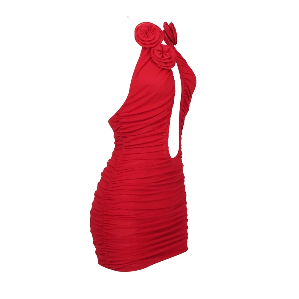 Women's Fashionable Sexy Backless Dress Hollow Three-dimensional Flower Pleated Mesh Strapless Dress 2025 New Red Evening Dress