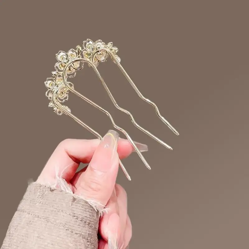 1 Stück Eleganter Perlenblumen-Haarkamm, französische Retro-Haarspange, U-förmige Haarnadel aus Legierung für Damen, Alltags-Haarschmuck〔CC55〕 – Detail 14