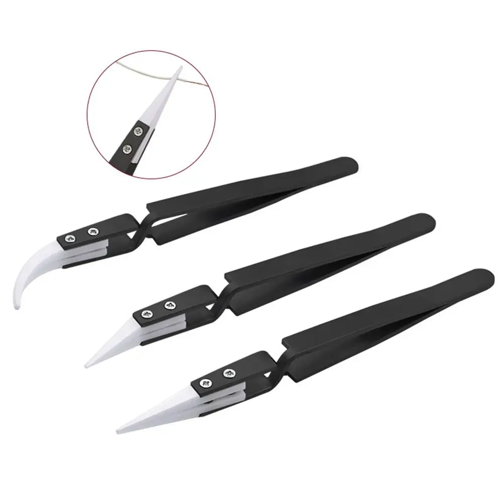 Little Curved/Big Curved/Straight Tip Ceramic Tips Tweezers Acid Resistant Anti-Static Electronic Soldering Tweezers