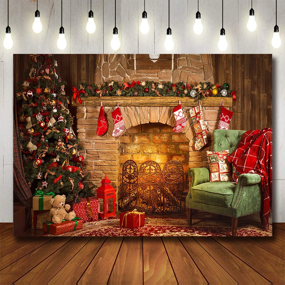 

Bonvvie Christmas Backdrop Brick Fireplace Christmas Tree Gift Children Baby Family DIY Decor Photography Background Photocall