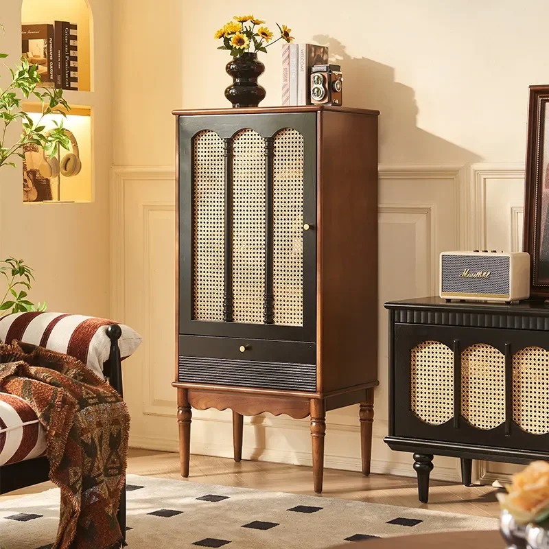 French Solid Wood Tall Rattan Display Cabinet Living Room Wall Storage with Drawer Antique Style Foshan Furniture