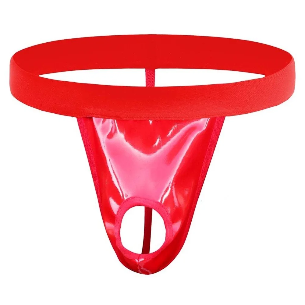 Men Faux Leather G-String Underwear Hollow Out Bulge Pouch Solid T-back Thongs Sexy Hollow Out Open Buttocks Underpants