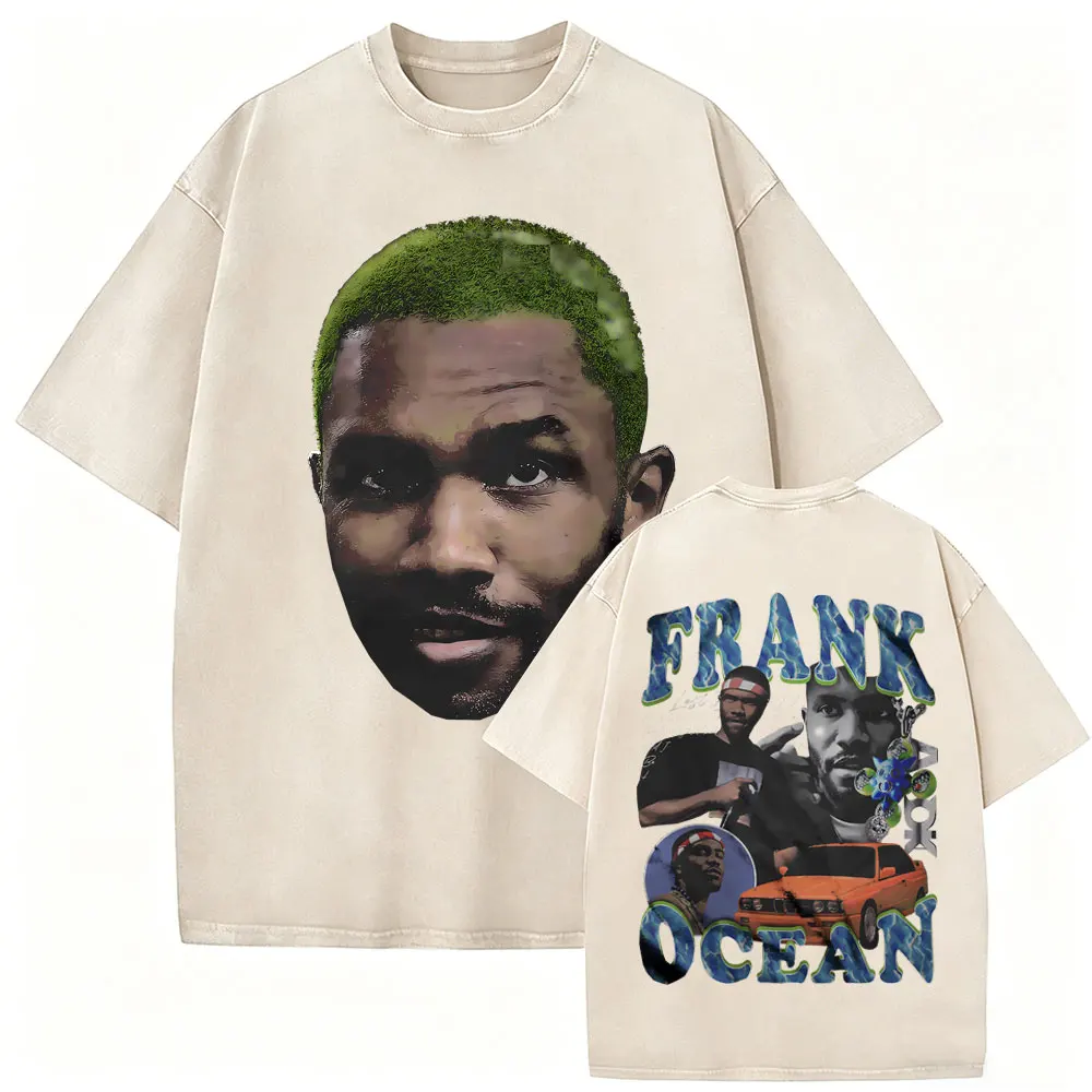 Rapper Frank Washed Vintage T-shirt Ocean Graphic T Shirts Blond Self Control Hip Hop Fashion T-shirts Men Oversized Streetwear