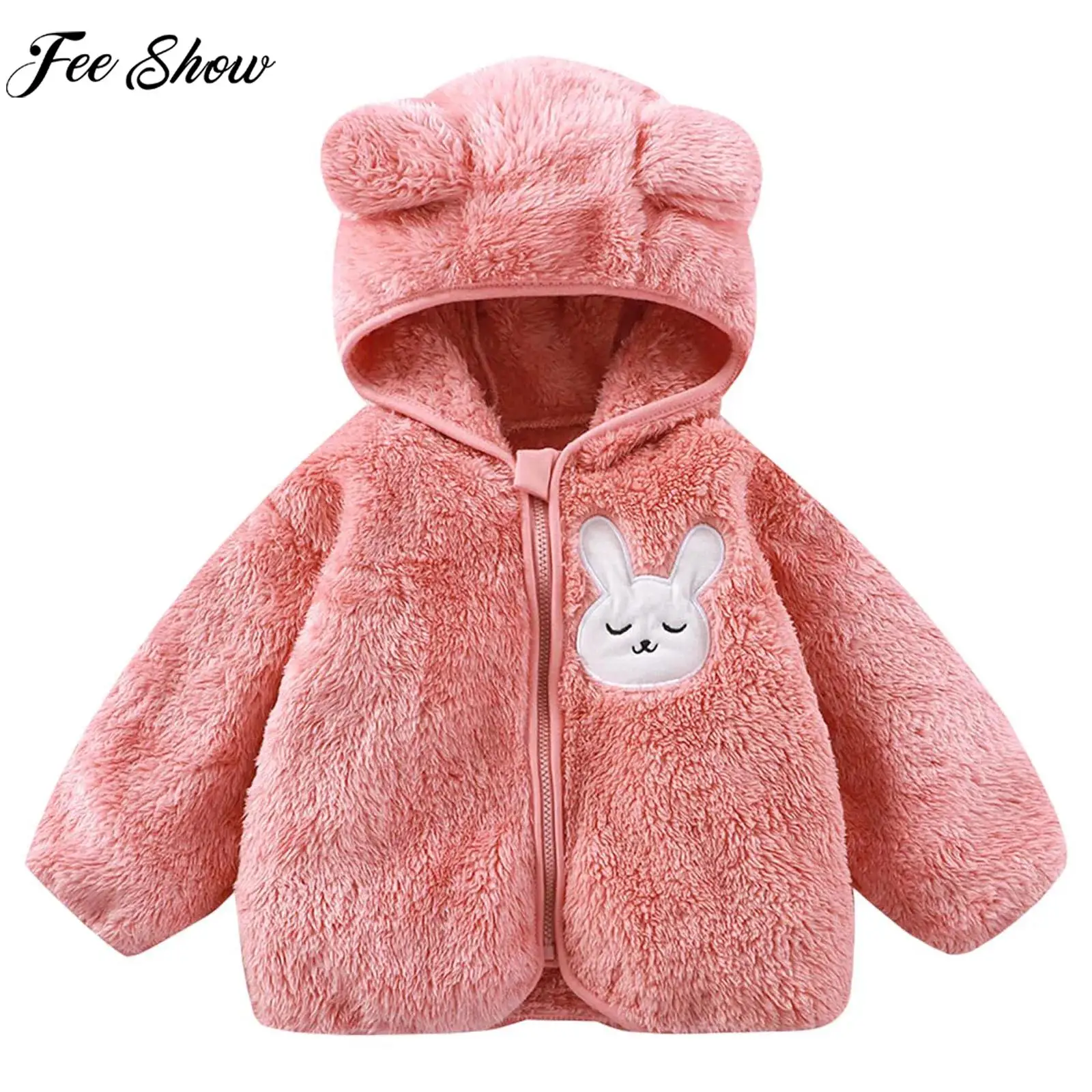 

Baby Girl Cute Coral Fleece Flannel Hooded Jacket Coat Long Sleeve Zipper Winter Warm Outerwear Christmas New Year Party Costume