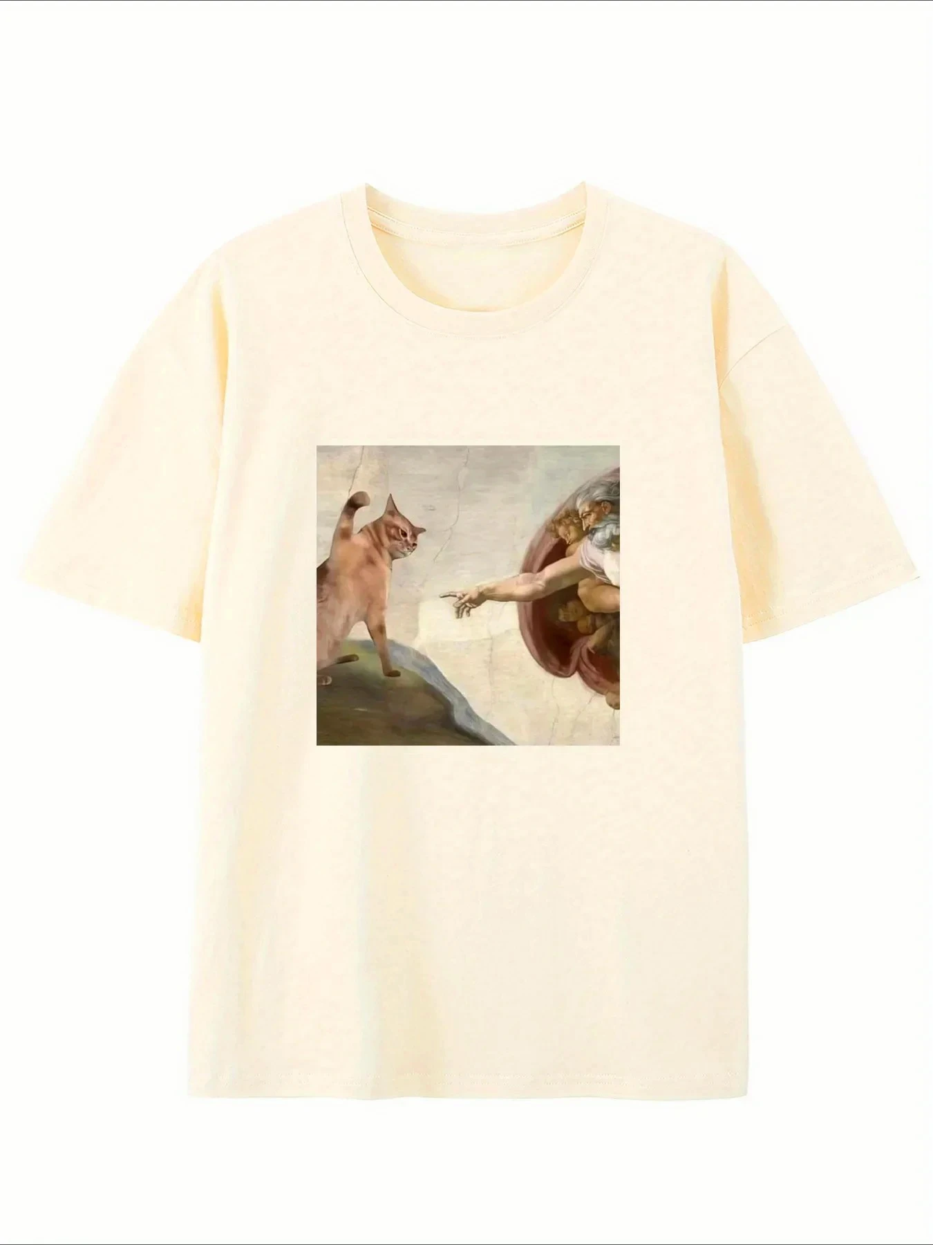 Camiseta gráfica de parodia de creación de gatos y Adán, camiseta informal con cuello redondo, camiseta de manga corta para mujer, Top informal de moda de verano