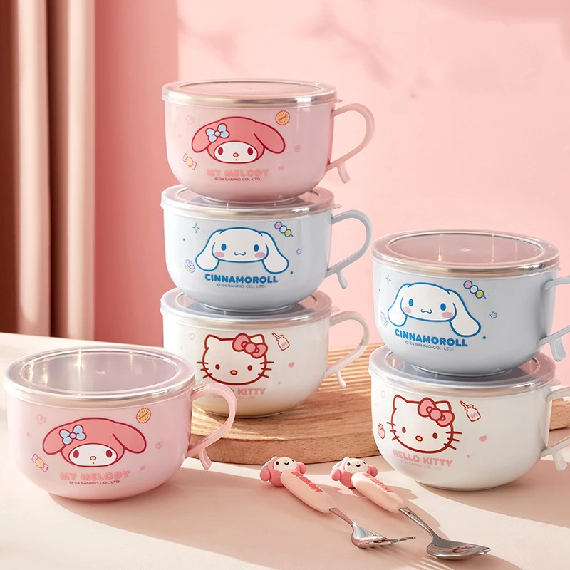 

Kawaii Sanrio Hello Kitty Bowl My Melody Cinnamoroll Rice Bowl Girl Heart Cute Cartoon Stainless Steel with Cover Bowl Kid Gift