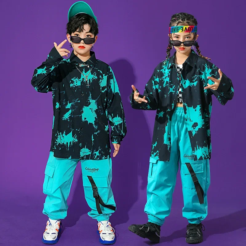 Spring Kids Tie Dye Shirt Long Sleeve Top Cargo Pants Cool Dance Suit Children Girl Boys Hip Hop Street Clothes Teens Tracksuit