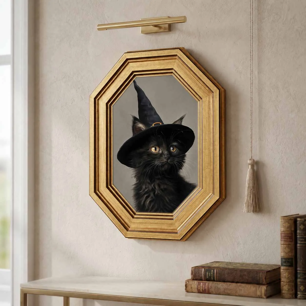 Vintage Octagon Gold Frame Witch Black Cat Art, Dual Use Tabletop Hanging Gothic Halloween Home Decor