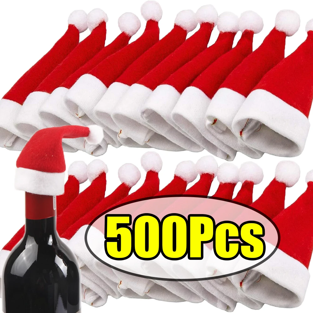 1-500 قطعة عيد الميلاد الصغيرة سانتا قبعة لطيف غطاء زجاجة النبيذ سكين وشوكة غطاء مصاصة قبعة حلية أدوات المائدة الطرف ديكورا
