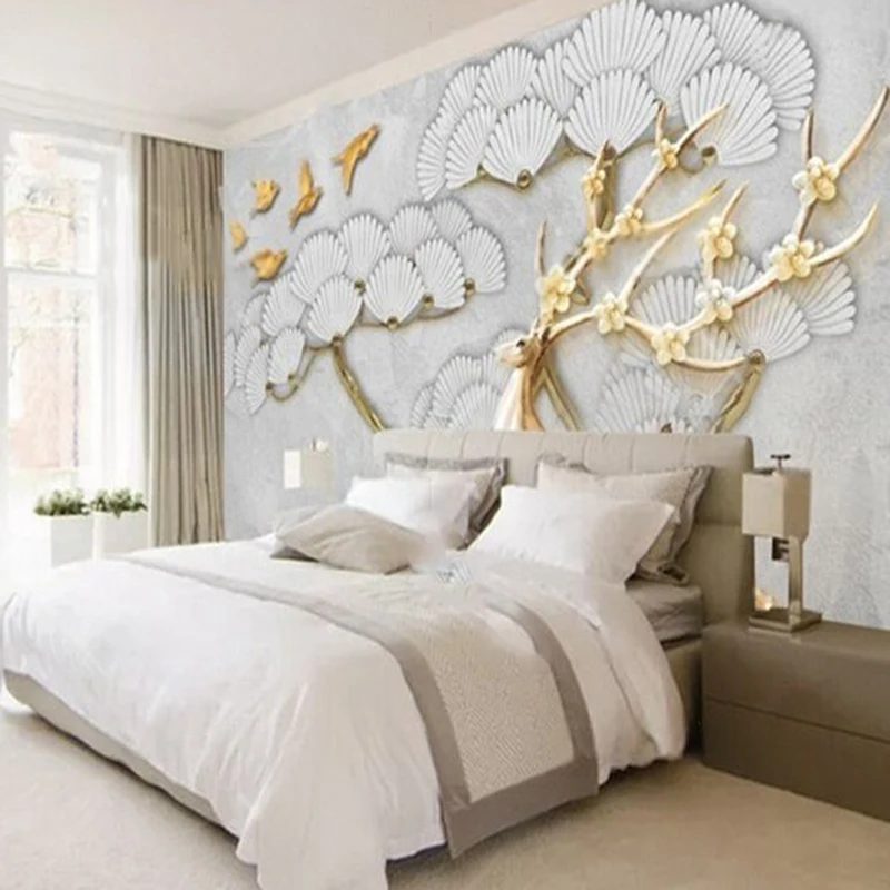 Modern and beautiful relief flowers 3d birds sika deer TV luxurious home decoration background wall paper murals