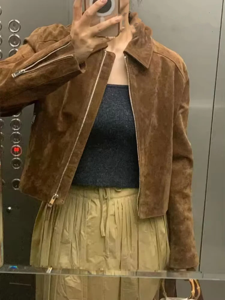 HH Women's Autumn New Fashion Popular Lapel Short Pure Leather Jacket Female Temperature Versatile Zipper Pocket Slim Coat