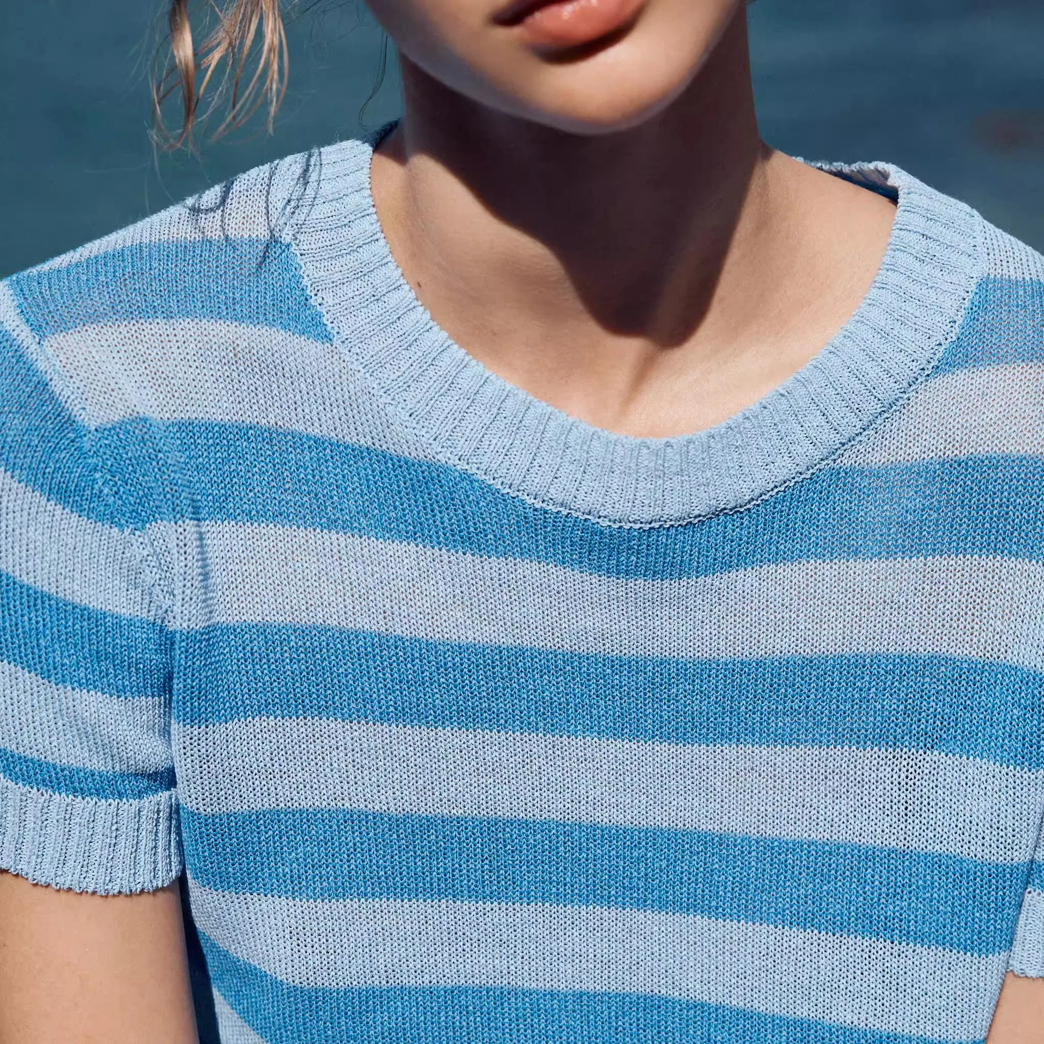 Novedad de verano, Top de punto de manga corta con cuello redondo a rayas para mujer, Top ajustado de estilo clásico que abso...