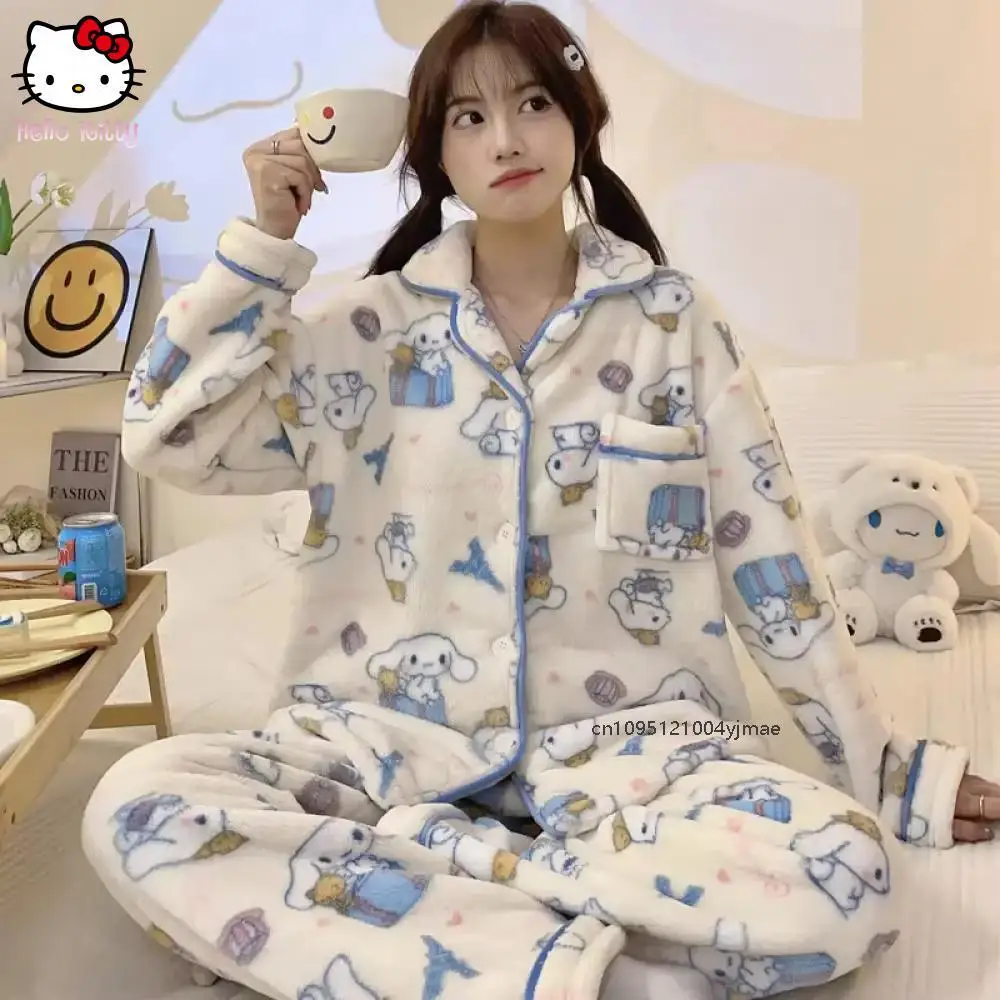 

New Anime Women 2Pcs Plush Pajamas Suit Sanrio Kawaii Hello Kitty Winter Coral Fleece Loungewear Kawaii Warm Homewear Cartoon