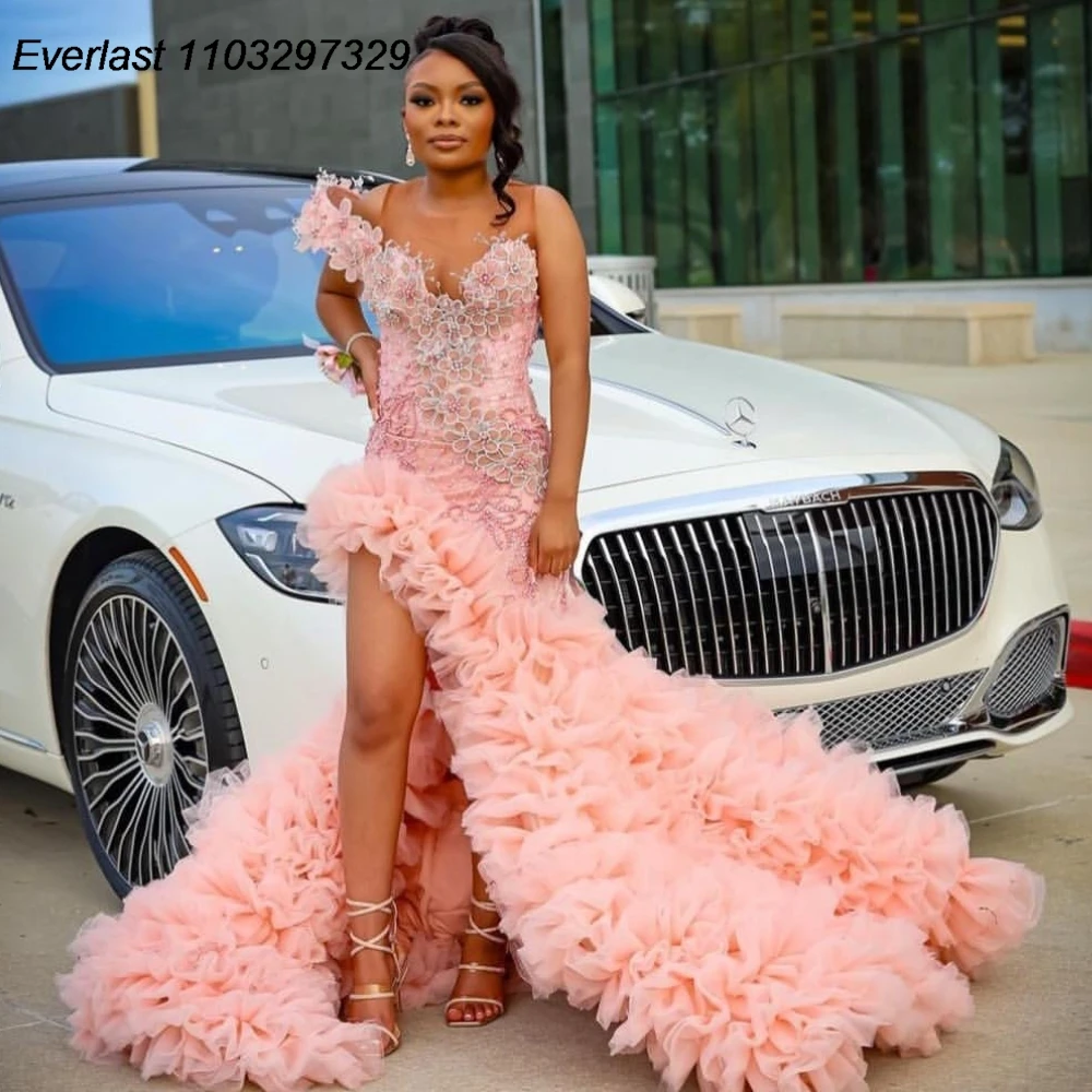 EVLAST Customized Pink Ruffles Mermaid Prom Dress For Black Girls High Slit Diamonds Crystals Beaded Birthday Party Gown TPD91