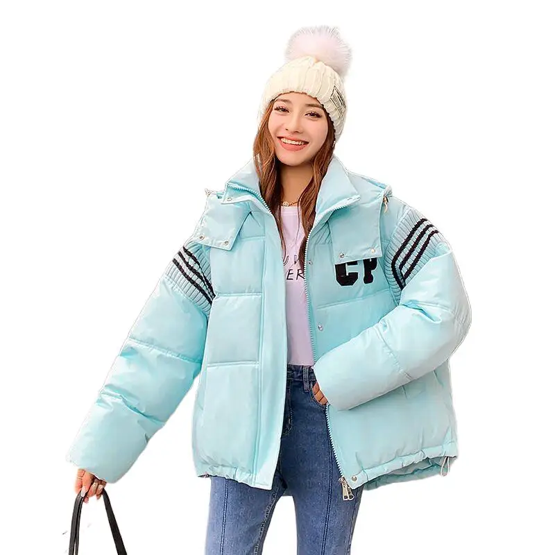 

Harajuku Warm Winter Ladies Thick Coats Fashion Brand Hooded Letter Stripe Patchwork Jacket Women Windproof Short Parkas Outwear