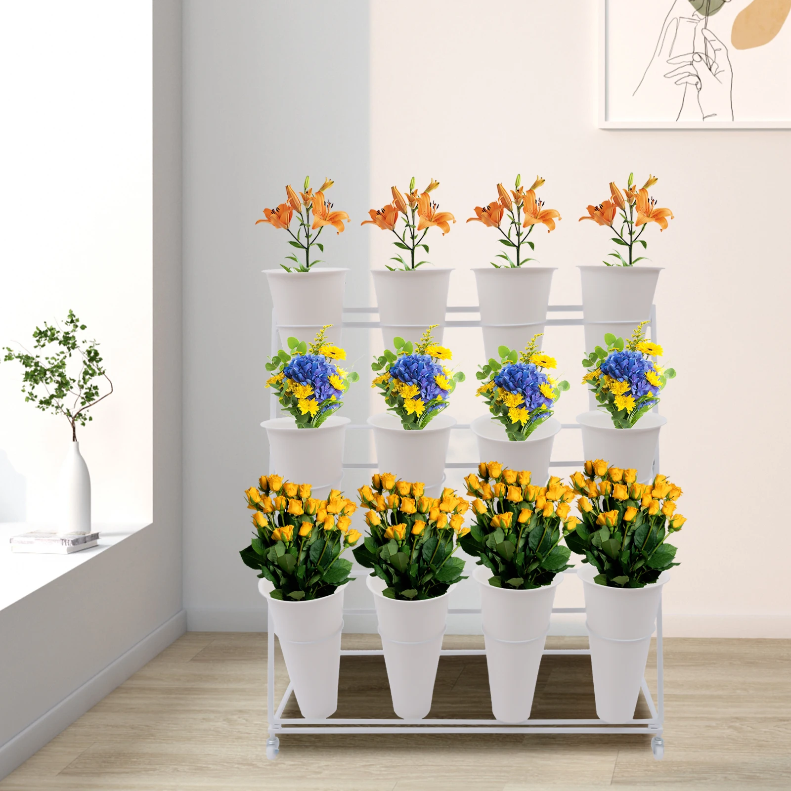 Flower Display Stand com rodas, 3 camadas, Metal Plant Stand, 12pcs baldes