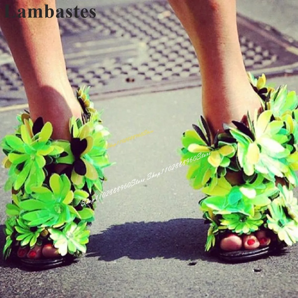 

Stylish Floral Green Flower Decor Sandals Thin High Heel Shoes For Women Ankle Buckle Strap Open Toe 2024 Zapatos Para Mujere