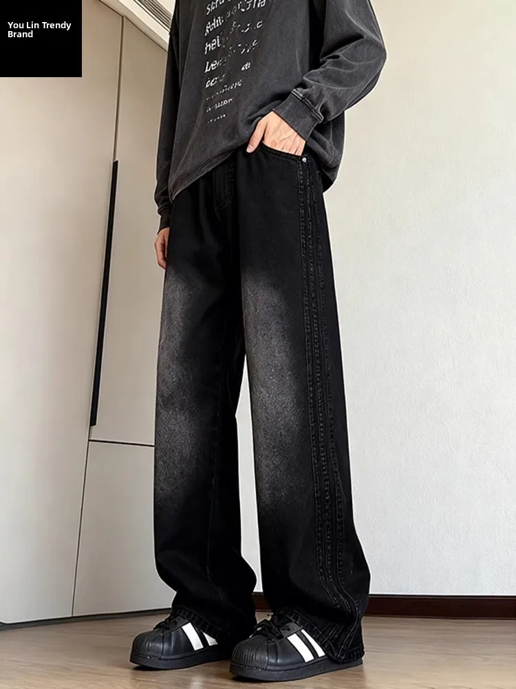 

Модные винтажные вельветовые джинсы прямого кроя для мужчин, зимние, в американском стиле, с эффектом потертости, в полоску, повседневные брюки, джинсы с вырезами в стиле High Street