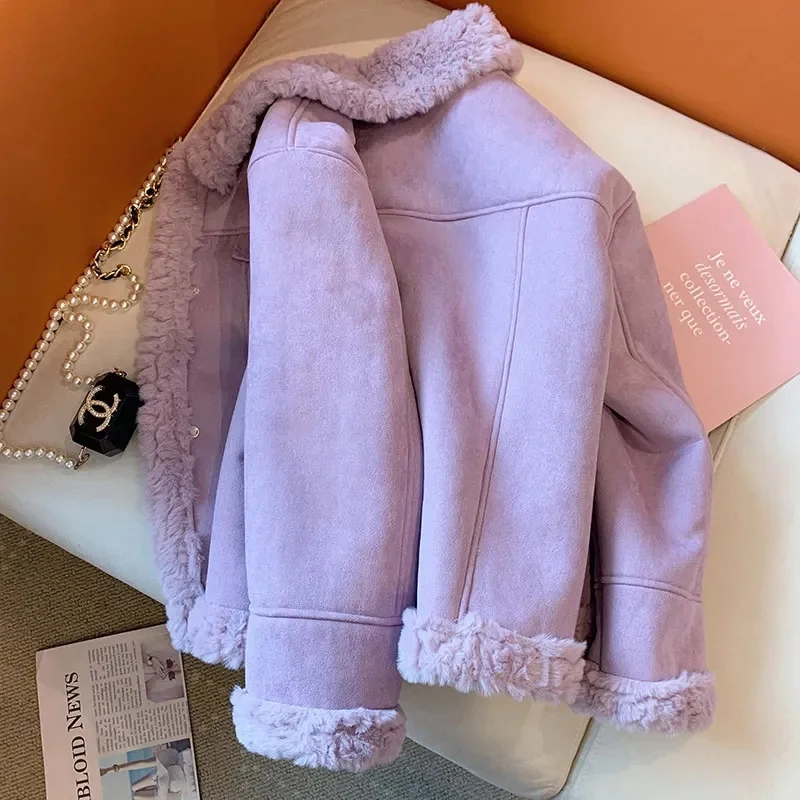 Oversized 4XL Purple Fur One Piece Lamb Wool Coat for Women Autumn and Winter Small Fragrance Unique Plush Thick Wool Coat Lady