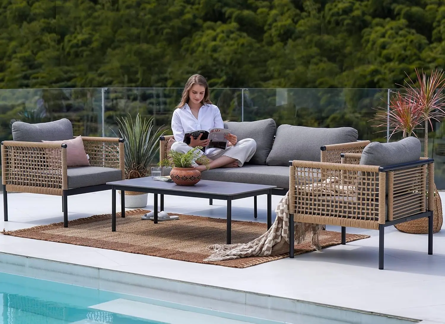 Grand patio Outdoor 4-Piece Conversation Set Rust Free Patio Furniture Set Open-Weave Wicker Olefin Modern Sofa Seating