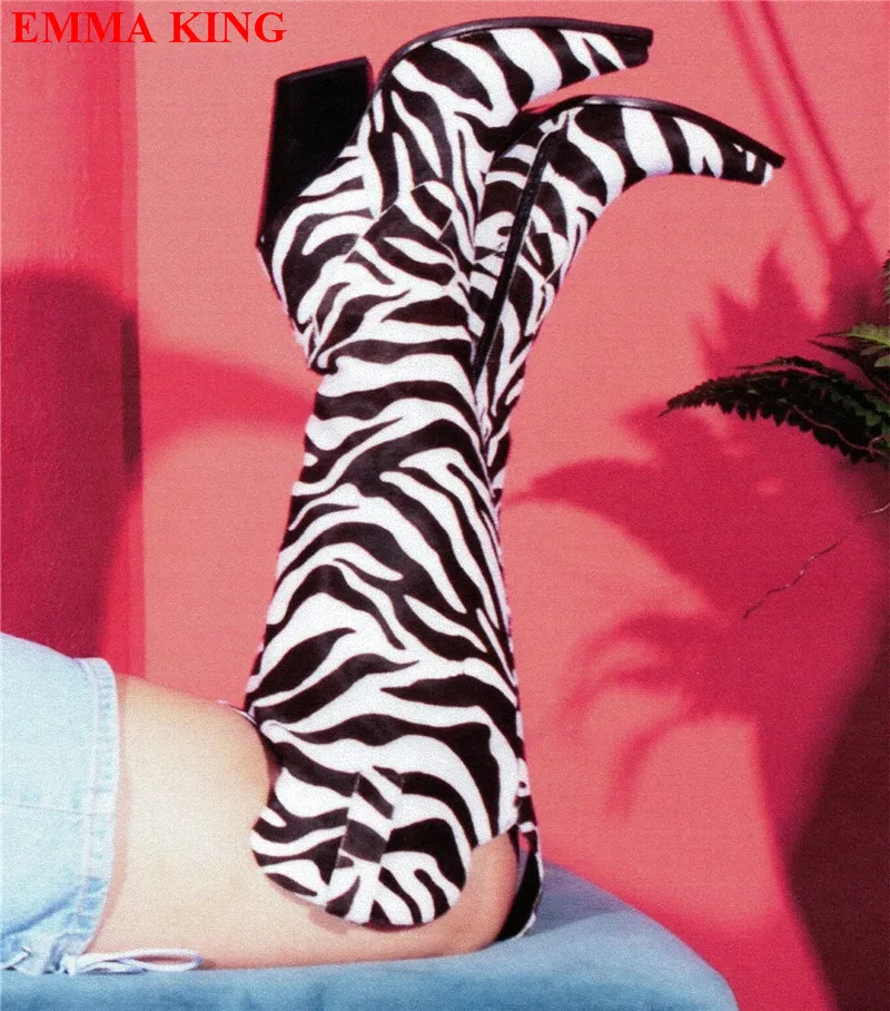 Stivali al ginocchio da donna autunno Zebra per donna cunei con tacco grosso stivali da Cowboy occidentali inverno autunno a punta lunga Botas Mujer