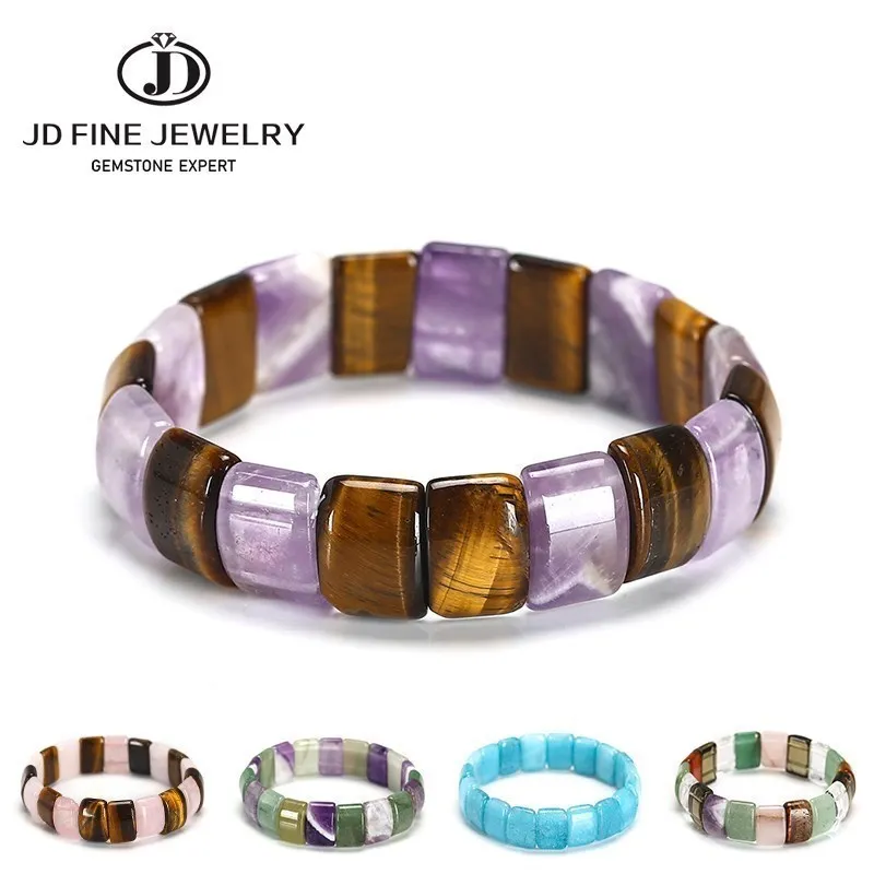 JD 10x14mm Natural Multilcolor Amethyst Crystal Stone Square Beads Bangle Charms Yoga Men Women Meditation Amulet Wrist Bracelet