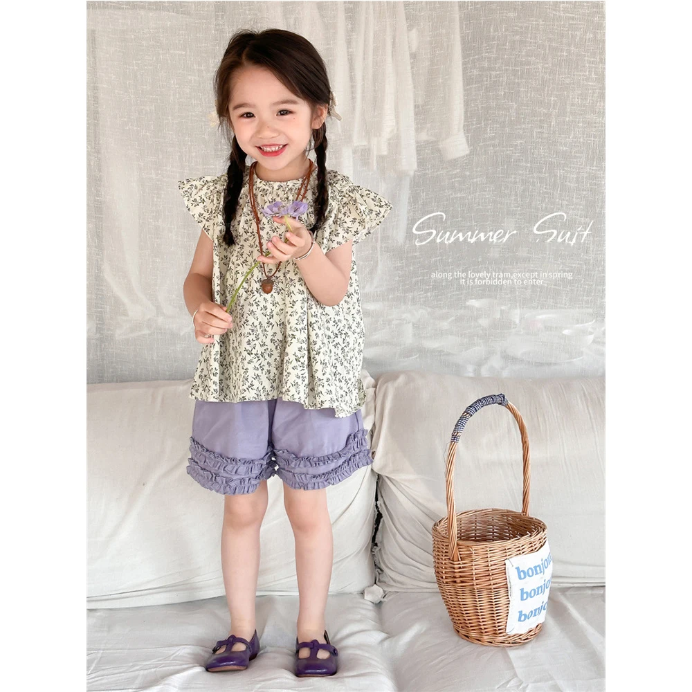 

Kids Girls Summer Fashion Clothing Sets Floral Print Flying Sleeve Soft Shirt+High Waist Purple Ruched Shorts 2pcs Children Suit