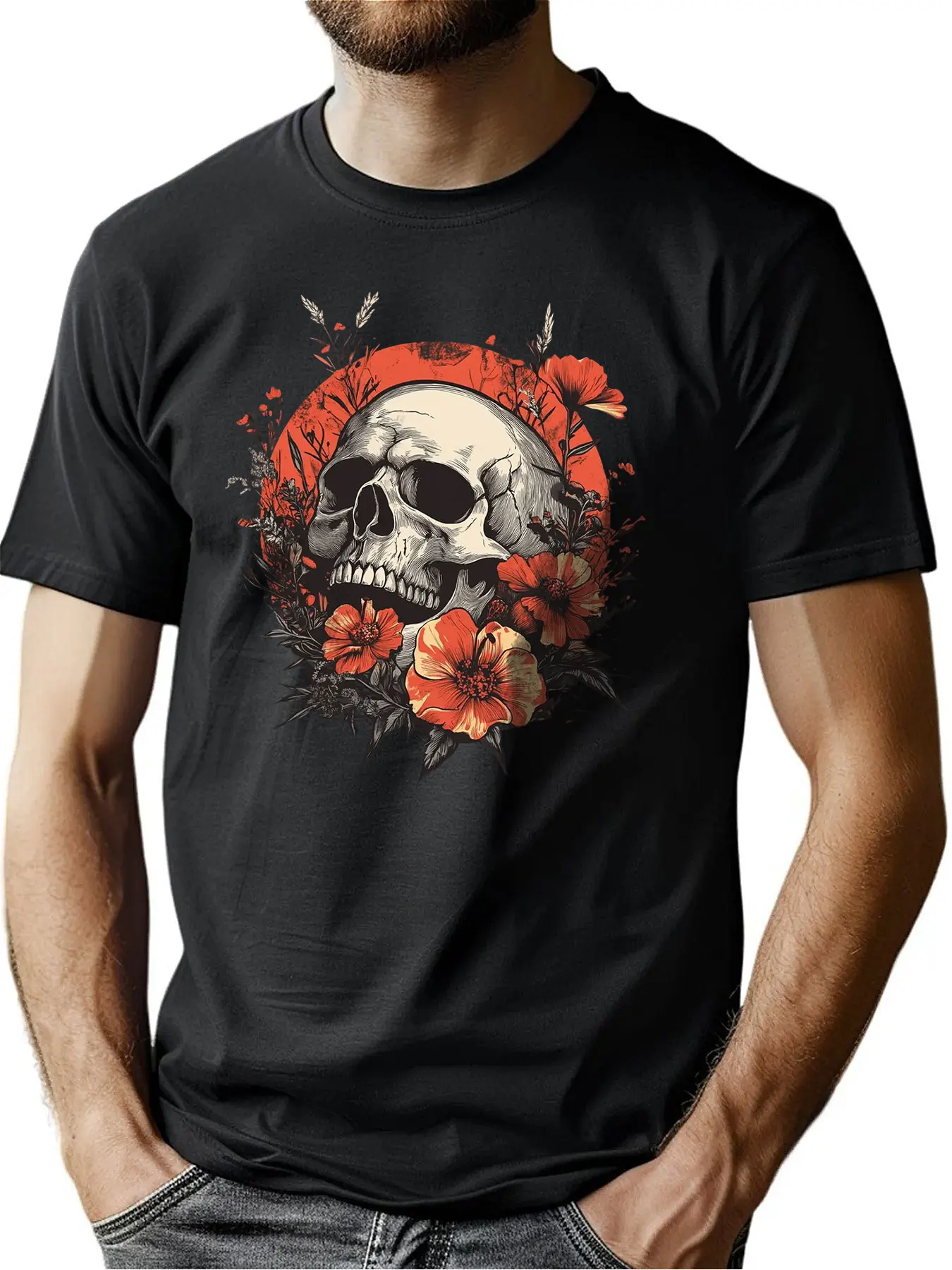 

Premium Cotton Men's Crew Neck Tee With Skull Flower Print Outdoor Comfort Christmas Gift Machine Washable For Men
