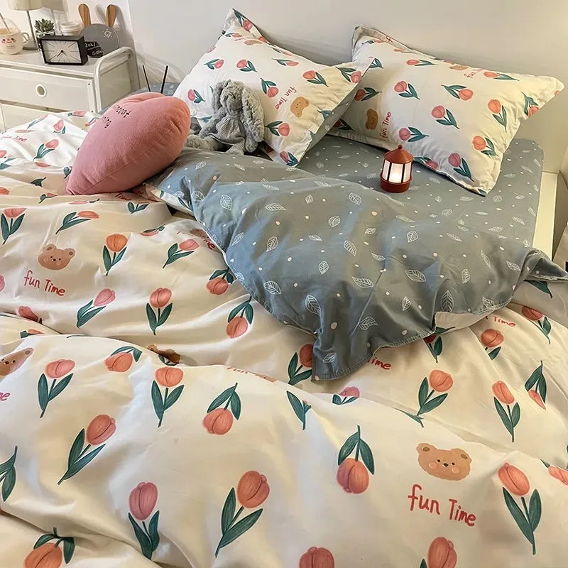 Floral Bedding Set No Filling Kawaii Rabbit Duvet Cover Flat Sheet Pillowcase Soft Bed Linens Single Full Dormitory Home Textile