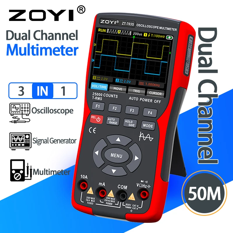 

ZOYI ZT-703S Upgrade 50MHz Handheld Digital Oscilloscope Multimeter Signal Generator 3 in 1 Dual Channel Automotive Tools