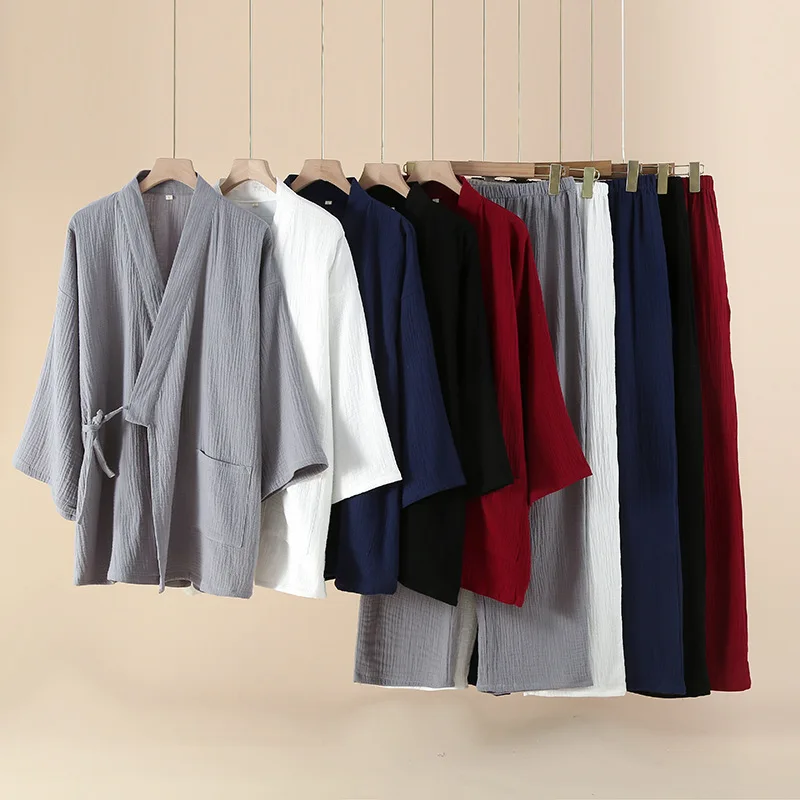 Japanese Kimono Suit Men100% Cotton Crepe Pajamas Long Sleeved Trousers Two-piece Kimono Suit for Men Sleepwear Two-Piece