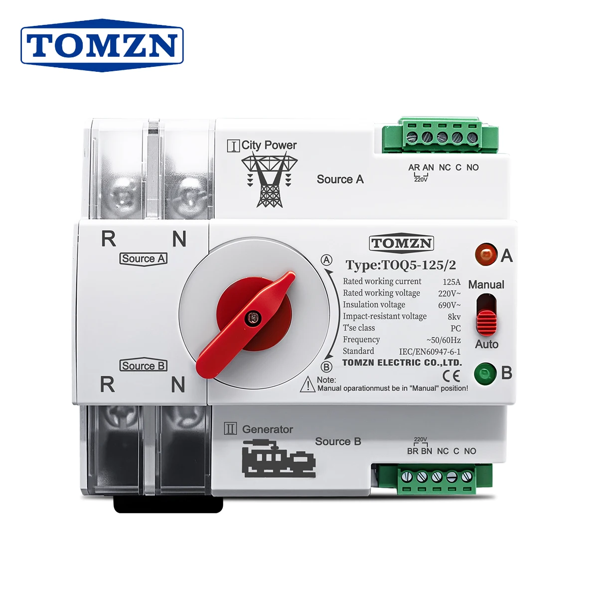 TOMZN Single Phase DIN Rail ATS Dual Power Automatic Transfer Electrical Selector Switches Uninterrupted 2P 63A 100A 125A