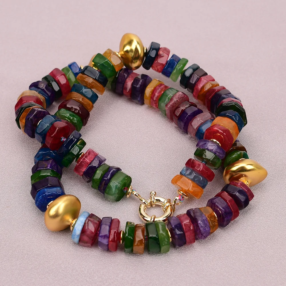 

G-G 21'' Natural Mix Color Fire Agate Stone Gold Edged Abacus shape Pearl Beads Necklace