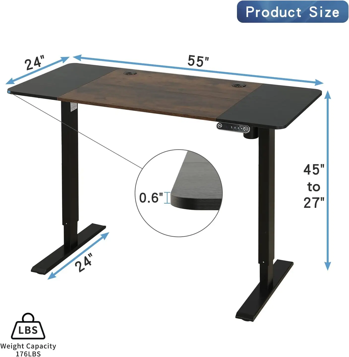 Mesa de computadora de pie ajustable en altura, estación de trabajo ergonómica inteligente moderna grande de 55x24 pulgadas para oficina en casa