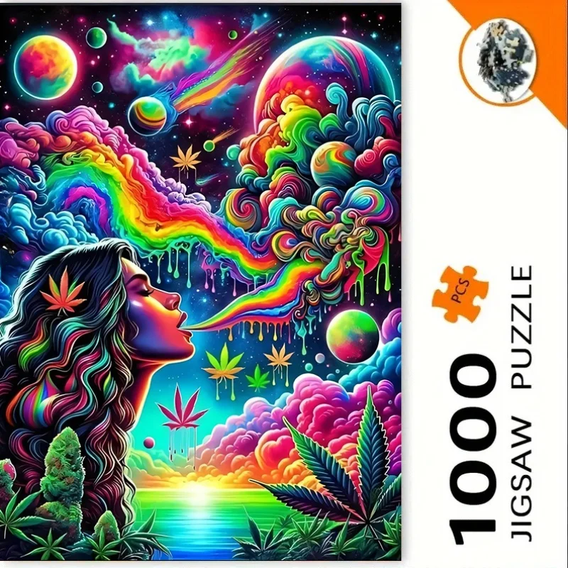

1000pcs Psychedelic 60s/70s Retro 420 Puzzle - 3D Woman Blowing Smoke & Rainbow to Planets, Intermediate Challenge for s, Art