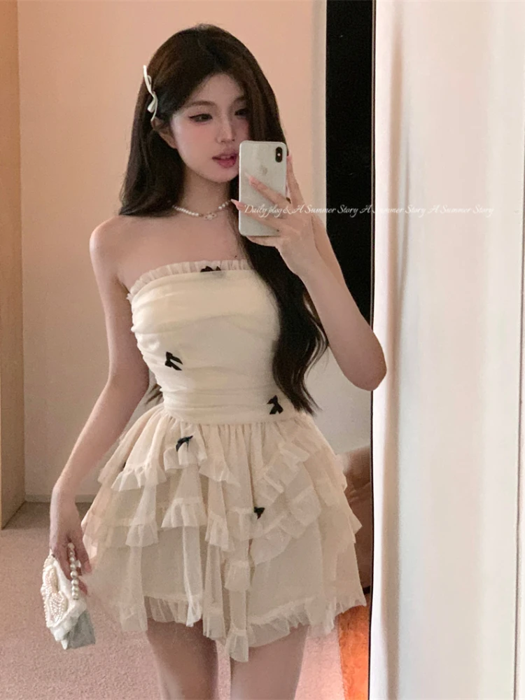 QWEEK Coquette Y2k Ruffles Lace Mini Dress Mesh Strapless Off Shoulder Vintage Elegant Kawaii Party Short Dresses 2024 Women