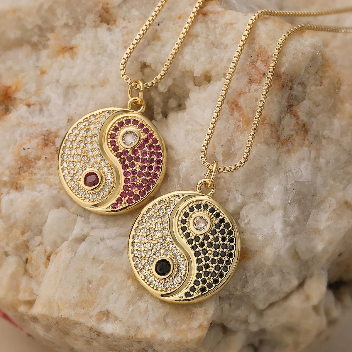 NEWBUY Delicate Women's Lucky Jewelry Brass CZ Zircon Inlay Bagua Pendant Stainless Steel Chain Non-Fading Necklace