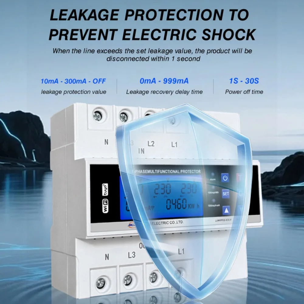 220V 60A WiFi Tuya Three-phase Self-resetting Overvoltage Undervoltage Overload and Leakage Protection Device