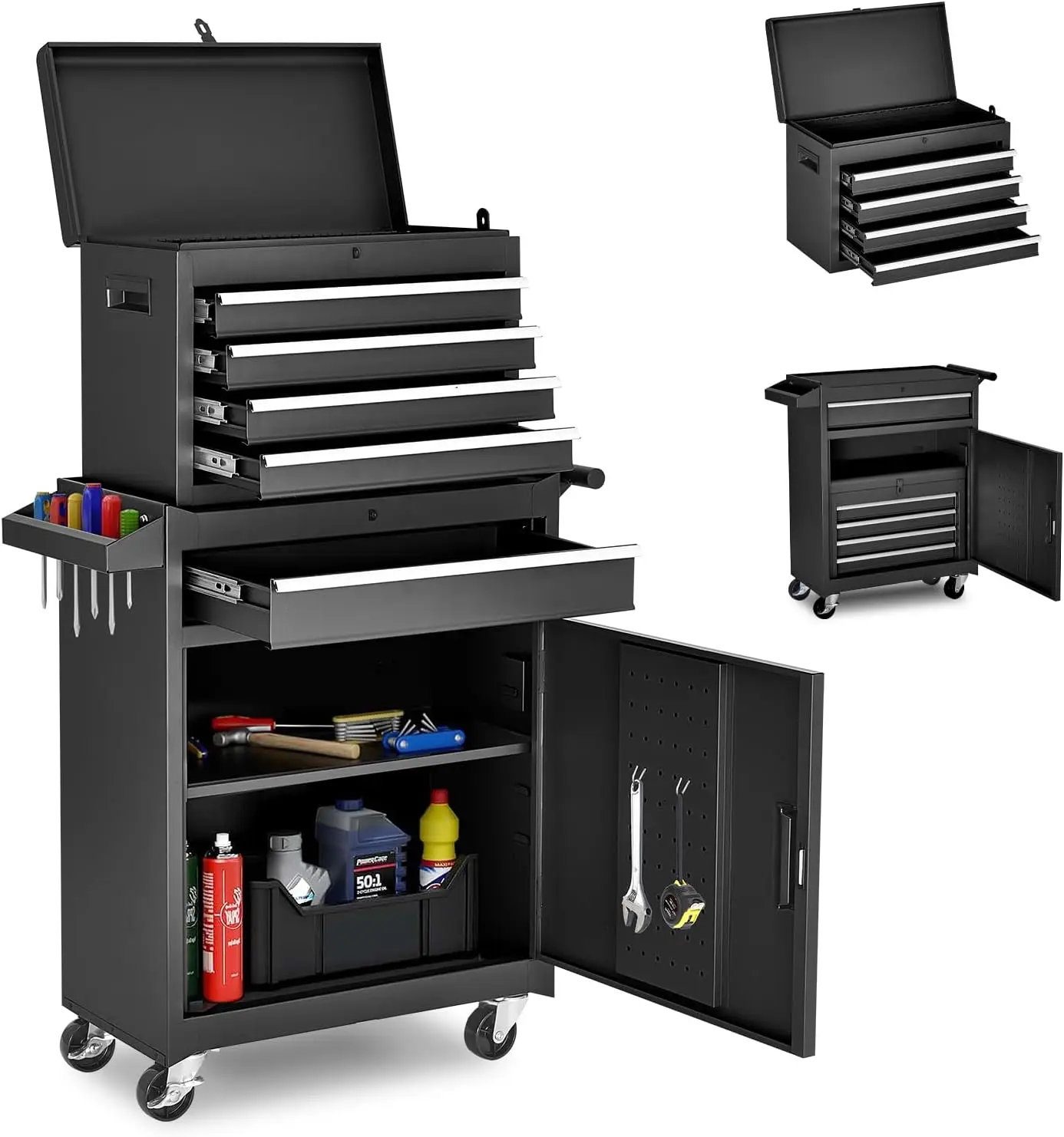 Rolling Tool Chest With Wheels, Multi Drawer Metal Tool Box Cabinet, Garage And Workshop Utility Cart, Detachable Storage Organizer Mobile Station, Modern Style, Black, 1 Set