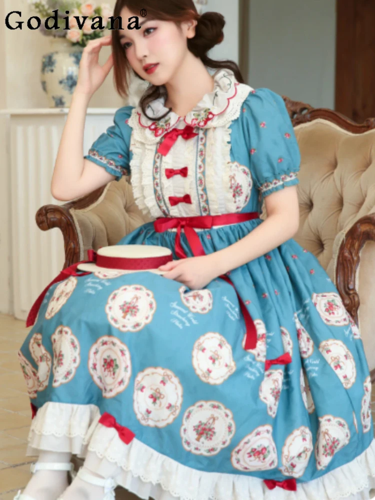 

Spring Summer Elegant Court Elegant Short Sleeve Peter Pan Collar Lolita Dress Fashion High Waist A-line Print Princess Dresses