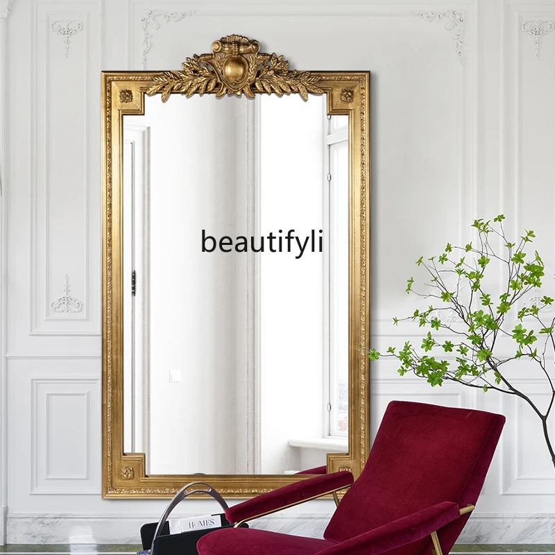 European Square Retro Wall-Mounted Mirror Hand Carved Wooden Frame Full Body Floor Mirror Decorative Mirror