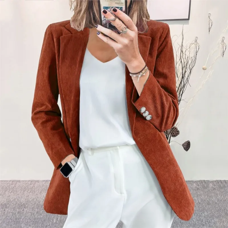 Autumn Winter Corduroy Jacket For Women Slim Solid Color Cardigan Jacket Ladies Fashion Button Decoration Versatile Office Coats