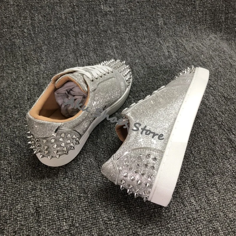 Imagem real de luxo prata rebite bling bling masculino e feminino cabeça espelho prego casual sapatos planos rendas até tênis plus size 47