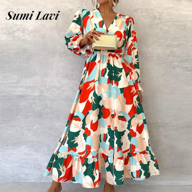 

Women Sexy Deep V-neck Split Long Dress 2024 Summer Elegant Floral Print Pleated Party Dress Casual Long Sleeve Bohemian Dresses