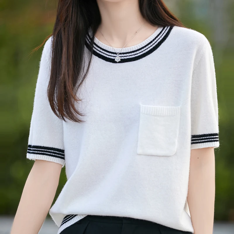 

Пуловер женский с круглым вырезом, чистый свитер, удобная и универсальная женская вязаная тонкая футболка с коротким рукавом, свитер из 100% шерсти, Лидер продаж